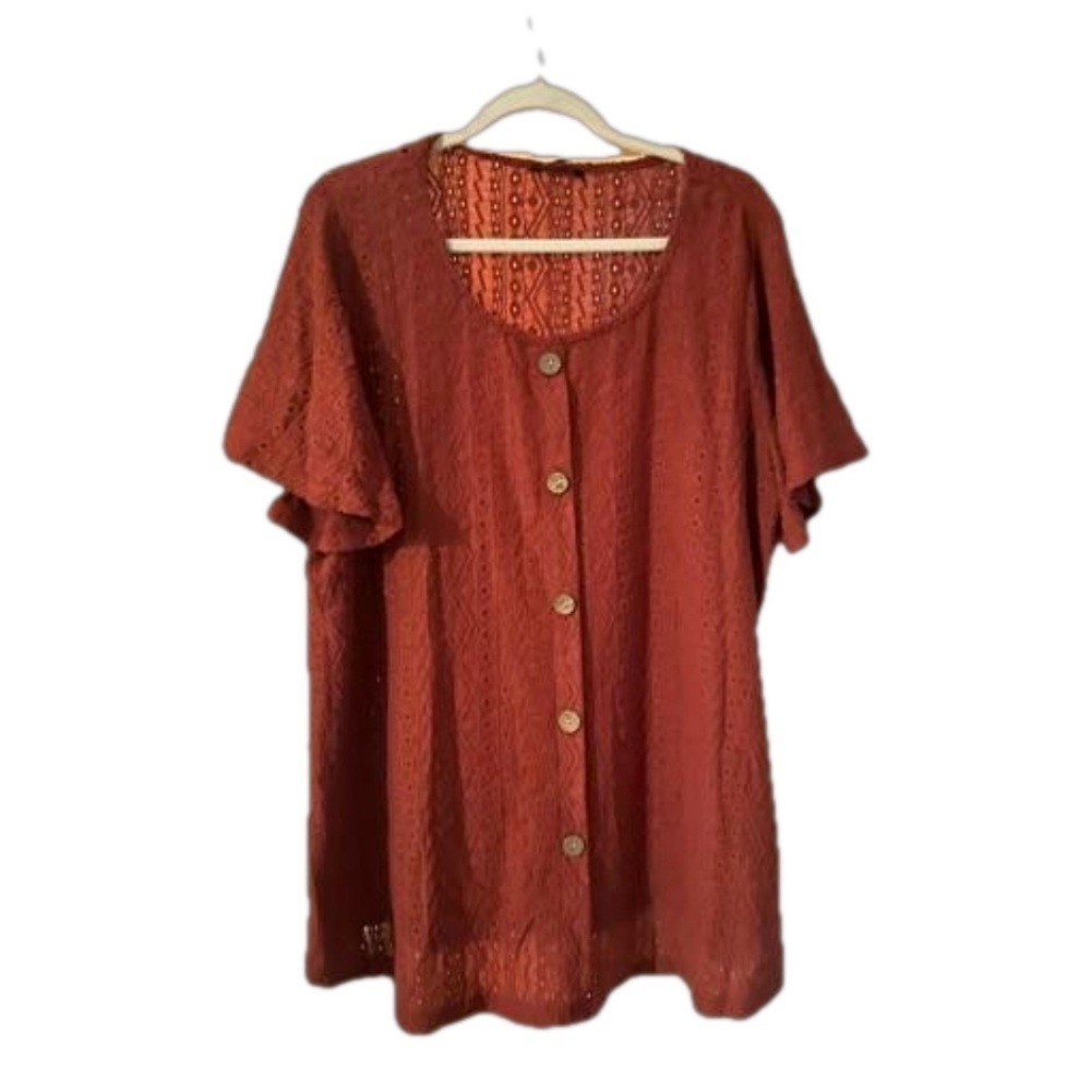 BloomChic Rust Eyelet Button-Front Top - Picture 2 of 5